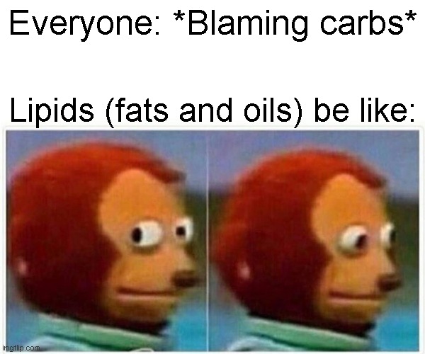 Carbs vs fats. | Everyone: *Blaming carbs*; Lipids (fats and oils) be like: | image tagged in memes,monkey puppet | made w/ Imgflip meme maker