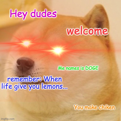 Hey dudes; welcome; Me names is DOGE; remember: When life give you lemons... You make chiken | image tagged in when life gives you lemons,doge,dog,bruh,hehe boi,red eyes | made w/ Imgflip meme maker