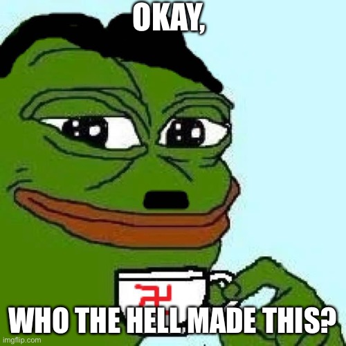 pepe nazi | OKAY, WHO THE HELL MADE THIS? | image tagged in pepe nazi | made w/ Imgflip meme maker