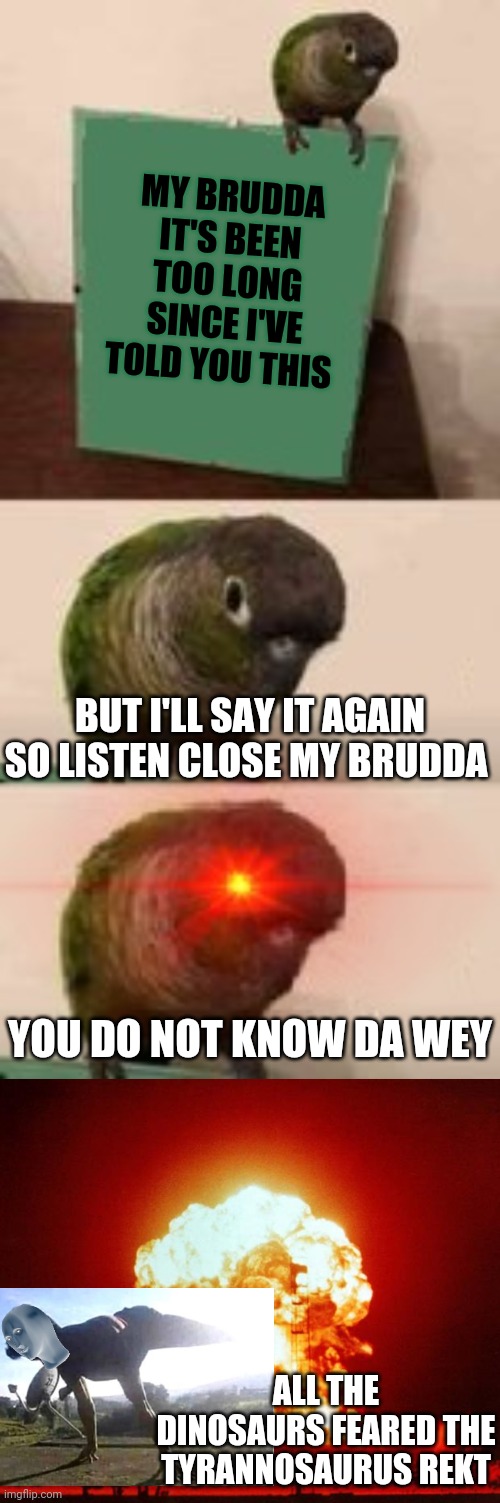 All da dinosaurs feared da Tyrannosaurus REKT AND DA WEY | MY BRUDDA IT'S BEEN TOO LONG SINCE I'VE TOLD YOU THIS; BUT I'LL SAY IT AGAIN SO LISTEN CLOSE MY BRUDDA; YOU DO NOT KNOW DA WEY; ALL THE DINOSAURS FEARED THE TYRANNOSAURUS REKT | image tagged in savage bird,nuke,tyrannosaurus rekt,ugandan knuckles,savage memes,do you know da wae | made w/ Imgflip meme maker
