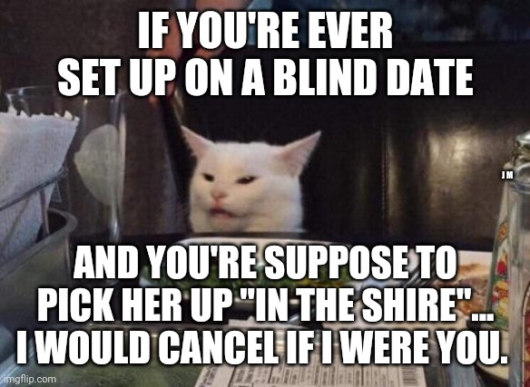 Salad cat | IF YOU'RE EVER SET UP ON A BLIND DATE; J M; AND YOU'RE SUPPOSE TO PICK HER UP "IN THE SHIRE"... I WOULD CANCEL IF I WERE YOU. | image tagged in salad cat | made w/ Imgflip meme maker