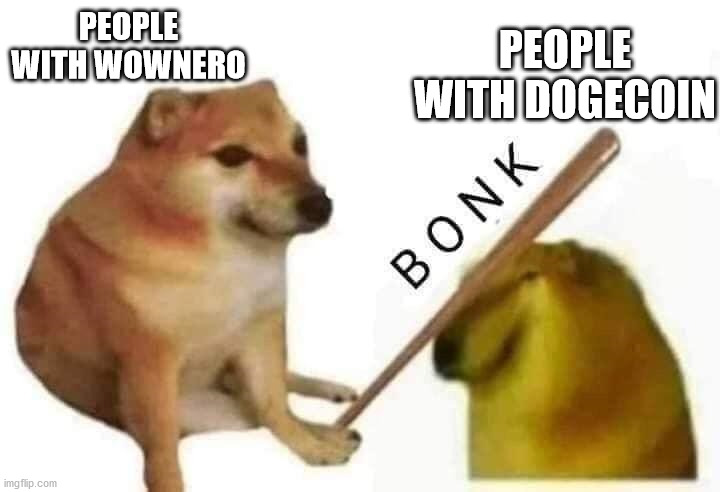 Doge bonk | PEOPLE WITH WOWNERO PEOPLE WITH DOGECOIN | image tagged in doge bonk | made w/ Imgflip meme maker