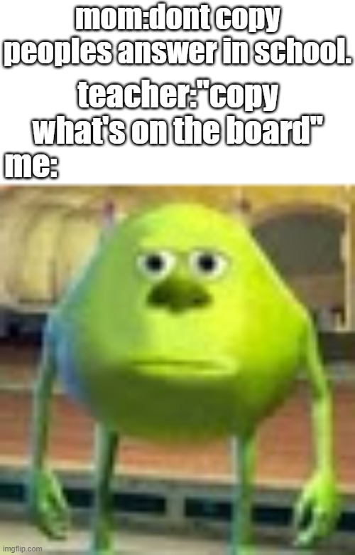 finally uploaded a meme after 5 months |  mom:dont copy peoples answer in school. teacher:''copy what's on the board''; me: | image tagged in sully wazowski | made w/ Imgflip meme maker