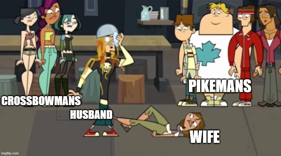 A breakup with warriors | CROSSBOWMANS; PIKEMANS; HUSBAND; WIFE | image tagged in a breakup involvement | made w/ Imgflip meme maker