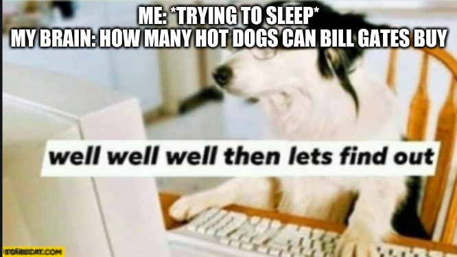 well well well then lets find out | ME: *TRYING TO SLEEP*
MY BRAIN: HOW MANY HOT DOGS CAN BILL GATES BUY | image tagged in well well well then lets find out | made w/ Imgflip meme maker