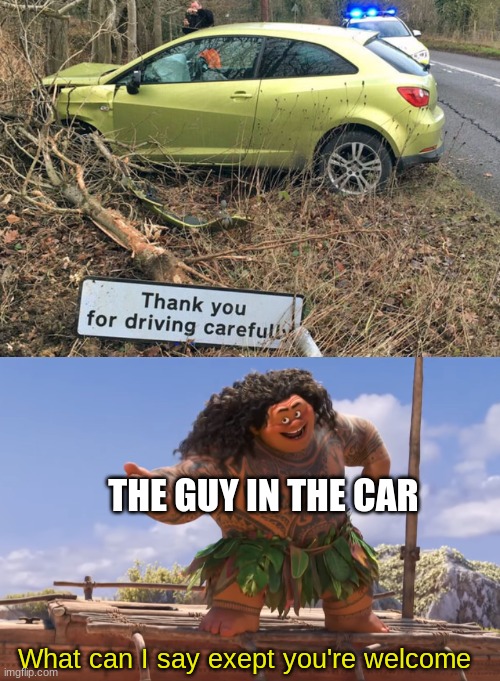 lol | THE GUY IN THE CAR; What can I say exept you're welcome | image tagged in you're welcome without subs,ironic,you had one job,stop reading these tags | made w/ Imgflip meme maker