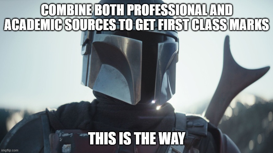 Mando on sources |  COMBINE BOTH PROFESSIONAL AND ACADEMIC SOURCES TO GET FIRST CLASS MARKS; THIS IS THE WAY | image tagged in the mandalorian,academic,this is the way,academia,essays | made w/ Imgflip meme maker