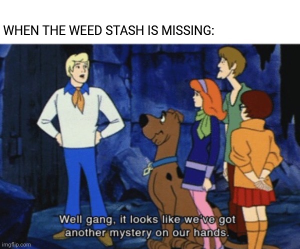 We’ve got another mystery | WHEN THE WEED STASH IS MISSING: | image tagged in we ve got another mystery | made w/ Imgflip meme maker
