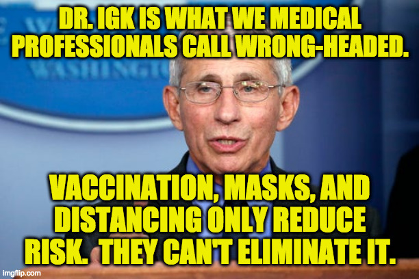 Dr. Fauci | DR. IGK IS WHAT WE MEDICAL
PROFESSIONALS CALL WRONG-HEADED. VACCINATION, MASKS, AND DISTANCING ONLY REDUCE RISK.  THEY CAN'T ELIMINATE IT. | image tagged in dr fauci | made w/ Imgflip meme maker