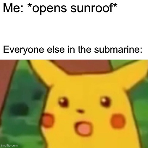 No. | Me: *opens sunroof*; Everyone else in the submarine: | image tagged in memes,surprised pikachu | made w/ Imgflip meme maker