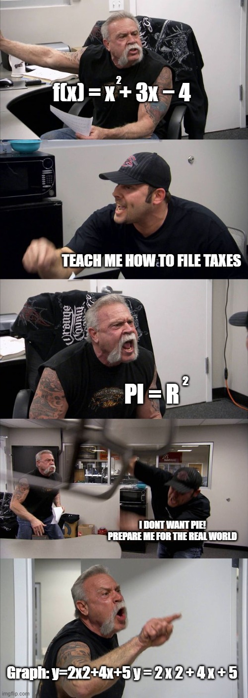 MATH VS REALITY | 2; f(x) = x + 3x − 4; TEACH ME HOW TO FILE TAXES; PI = R; 2; I DONT WANT PIE! PREPARE ME FOR THE REAL WORLD; Graph: y=2x2+4x+5 y = 2 x 2 + 4 x + 5 | image tagged in memes,american chopper argument,funny,funny memes,math in a nutshell | made w/ Imgflip meme maker
