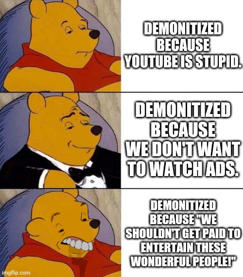Reasons For Demonitization | DEMONITIZED BECAUSE YOUTUBE IS STUPID. DEMONITIZED BECAUSE WE DON'T WANT TO WATCH ADS. DEMONITIZED BECAUSE "WE SHOULDN'T GET PAID TO ENTERTAIN THESE WONDERFUL PEOPLE!" | image tagged in best better blurst,tuxedo winnie the pooh,winnie the pooh,ads,youtube ads,youtubers | made w/ Imgflip meme maker