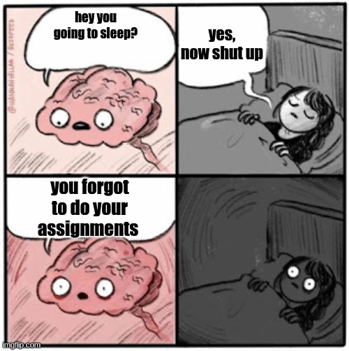 im bored | yes, now shut up; hey you going to sleep? you forgot to do your assignments | image tagged in brain before sleep,school | made w/ Imgflip meme maker