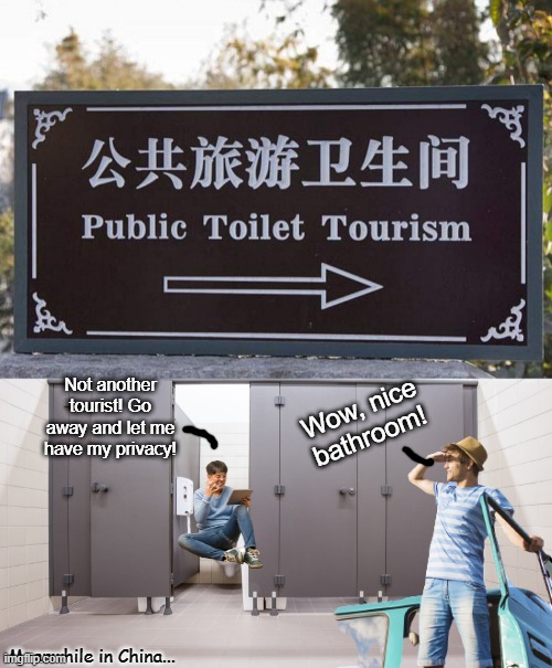 Why tho. |  Not another tourist! Go away and let me have my privacy! Wow, nice bathroom! Meanwhile in China... | image tagged in toilet,angry man,tourism,bathroom,bathroom stall,stock photos | made w/ Imgflip meme maker