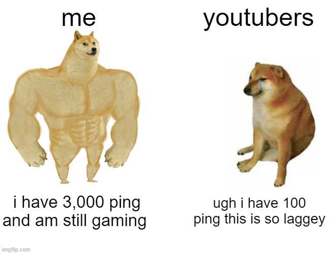 kinda true though | me; youtubers; i have 3,000 ping and am still gaming; ugh i have 100 ping this is so laggey | image tagged in memes,buff doge vs cheems,youtube,youtuber,video games,gaming | made w/ Imgflip meme maker