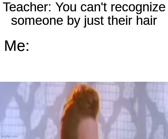 Let's get this to the front page | Teacher: You can't recognize someone by just their hair; Me: | image tagged in we're no strangers to love,rick roll,hair | made w/ Imgflip meme maker