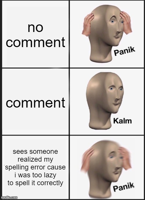 no comment comment sees someone realized my spelling error cause i was too lazy to spell it correctly | image tagged in memes,panik kalm panik | made w/ Imgflip meme maker