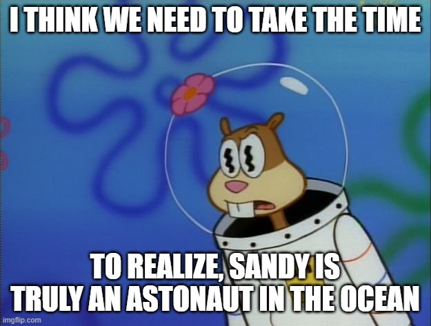 Sandy Cheeks Peeved | I THINK WE NEED TO TAKE THE TIME; TO REALIZE, SANDY IS TRULY AN ASTONAUT IN THE OCEAN | image tagged in sandy cheeks peeved | made w/ Imgflip meme maker