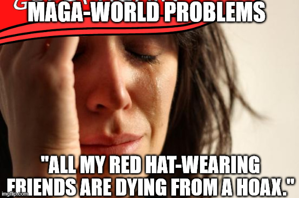 Attack of the Killer Hoax | MAGA-WORLD PROBLEMS; "ALL MY RED HAT-WEARING FRIENDS ARE DYING FROM A HOAX." | image tagged in maga world problems,killer hoax | made w/ Imgflip meme maker