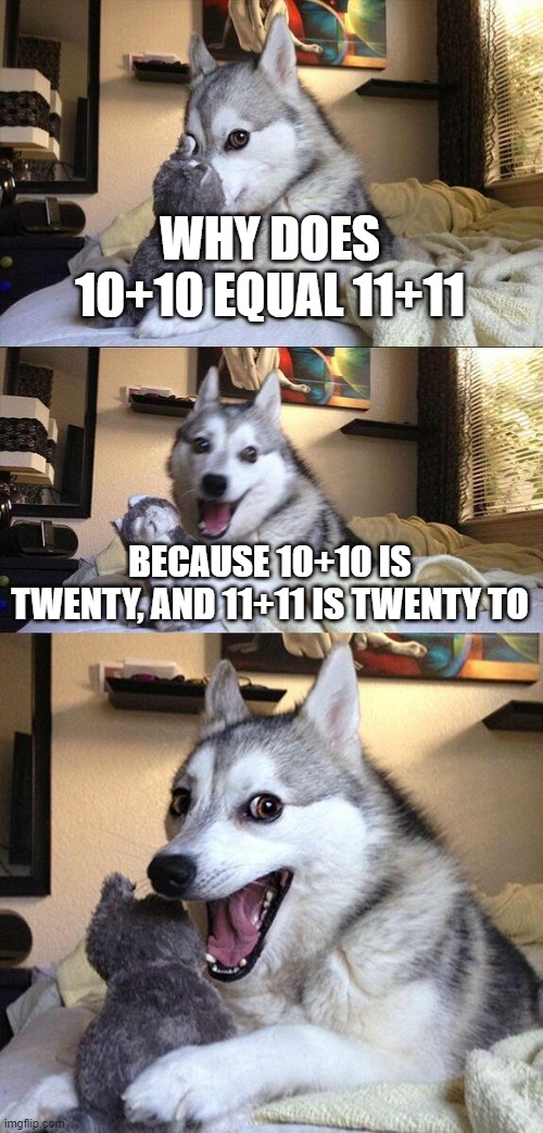 Bad Pun Dog | WHY DOES 10+10 EQUAL 11+11; BECAUSE 10+10 IS TWENTY, AND 11+11 IS TWENTY TO | image tagged in memes,bad pun dog | made w/ Imgflip meme maker