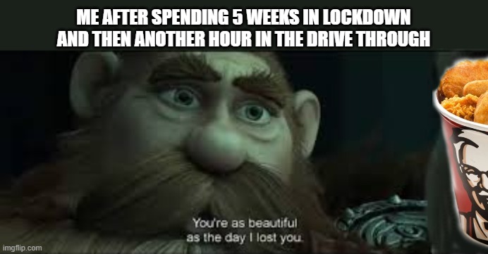New Zealand may be in lock down a bit too long | ME AFTER SPENDING 5 WEEKS IN LOCKDOWN AND THEN ANOTHER HOUR IN THE DRIVE THROUGH | image tagged in you're as beautiful as the day i lost you,kfc | made w/ Imgflip meme maker