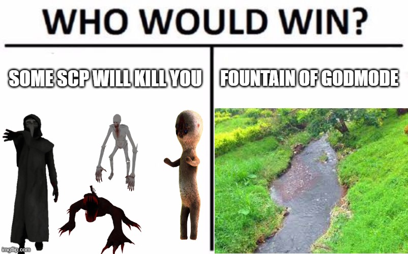 choose your vote | SOME SCP WILL KILL YOU; FOUNTAIN OF GODMODE | image tagged in memes,who would win | made w/ Imgflip meme maker