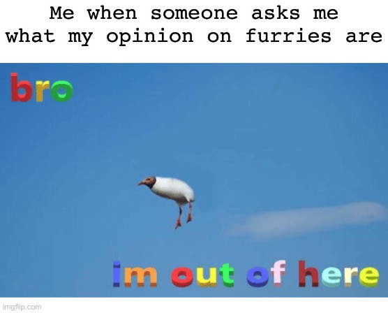 *Doesn’t reply at all* | Me when someone asks me what my opinion on furries are | image tagged in bro i'm out of here | made w/ Imgflip meme maker