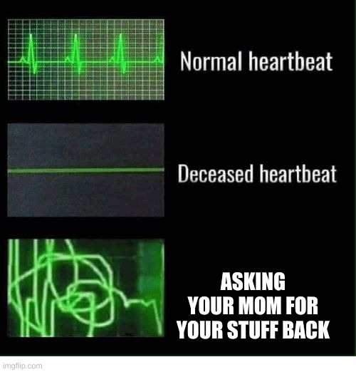 normal heartbeat deceased heartbeat | ASKING YOUR MOM FOR YOUR STUFF BACK | image tagged in normal heartbeat deceased heartbeat | made w/ Imgflip meme maker