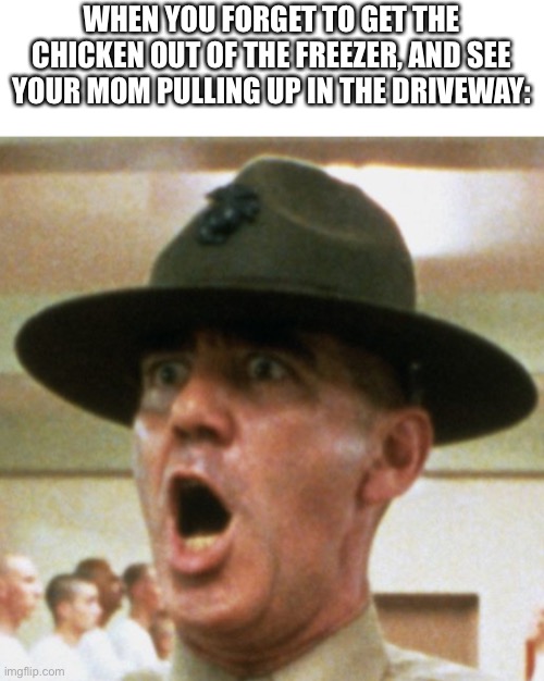 Oh-no | WHEN YOU FORGET TO GET THE CHICKEN OUT OF THE FREEZER, AND SEE YOUR MOM PULLING UP IN THE DRIVEWAY: | image tagged in sergeant hartmann,funny | made w/ Imgflip meme maker