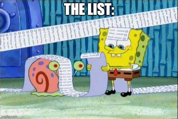 Spongebob's List | THE LIST: | image tagged in spongebob's list | made w/ Imgflip meme maker