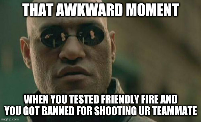 Friendly fire be like | THAT AWKWARD MOMENT; WHEN YOU TESTED FRIENDLY FIRE AND
YOU GOT BANNED FOR SHOOTING UR TEAMMATE | image tagged in memes,matrix morpheus | made w/ Imgflip meme maker