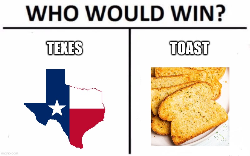 lol french toast | TEXES; TOAST | image tagged in memes,who would win | made w/ Imgflip meme maker