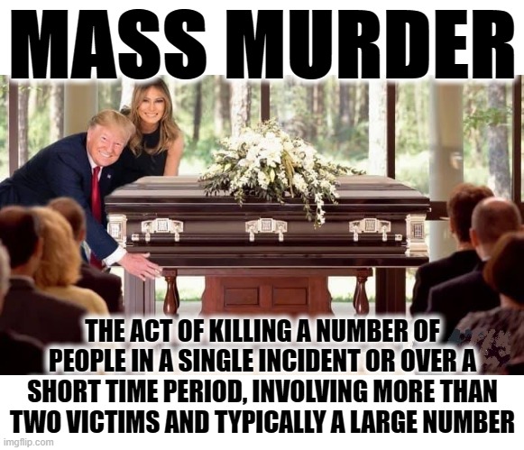 MASS MURDER | MASS MURDER; THE ACT OF KILLING A NUMBER OF PEOPLE IN A SINGLE INCIDENT OR OVER A SHORT TIME PERIOD, INVOLVING MORE THAN TWO VICTIMS AND TYPICALLY A LARGE NUMBER | image tagged in mass murder,trump,killing,insurrection,virus,criminal | made w/ Imgflip meme maker