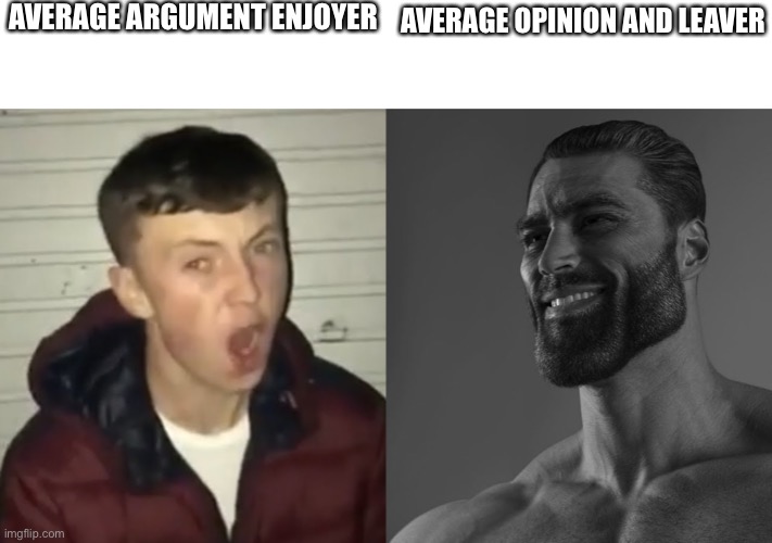 average fan vs average enjoyer | AVERAGE ARGUMENT ENJOYER; AVERAGE OPINION AND LEAVER | image tagged in average fan vs average enjoyer | made w/ Imgflip meme maker