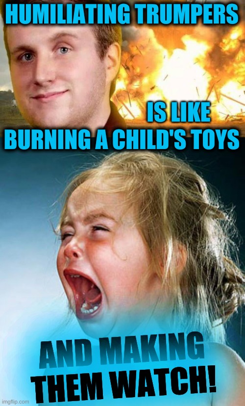 no pain no gain :) | HUMILIATING TRUMPERS; IS LIKE; BURNING A CHILD'S TOYS; AND MAKING
THEM WATCH! | image tagged in sadistic voice over guy,screaming child large,triggered conservative,triggered,liberals vs conservatives,butt hurt | made w/ Imgflip meme maker