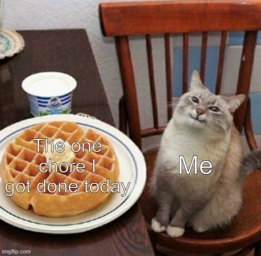 Remember kids! | Me; The one chore I got done today | image tagged in cat likes their waffle,chores | made w/ Imgflip meme maker