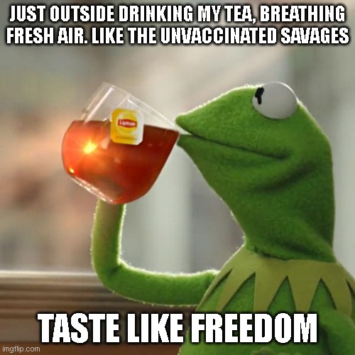 Be Kermit the Frog and DGAF | JUST OUTSIDE DRINKING MY TEA, BREATHING FRESH AIR. LIKE THE UNVACCINATED SAVAGES; TASTE LIKE FREEDOM | image tagged in memes,but that's none of my business,kermit the frog,covid,vaccines,idgaf | made w/ Imgflip meme maker