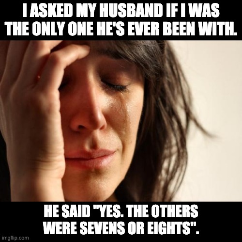 Just one | I ASKED MY HUSBAND IF I WAS THE ONLY ONE HE'S EVER BEEN WITH. HE SAID "YES. THE OTHERS WERE SEVENS OR EIGHTS". | image tagged in memes,first world problems | made w/ Imgflip meme maker