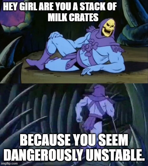 Milk crate | HEY GIRL ARE YOU A STACK OF                
MILK CRATES; BECAUSE YOU SEEM DANGEROUSLY UNSTABLE. | image tagged in skeletor disturbing facts | made w/ Imgflip meme maker