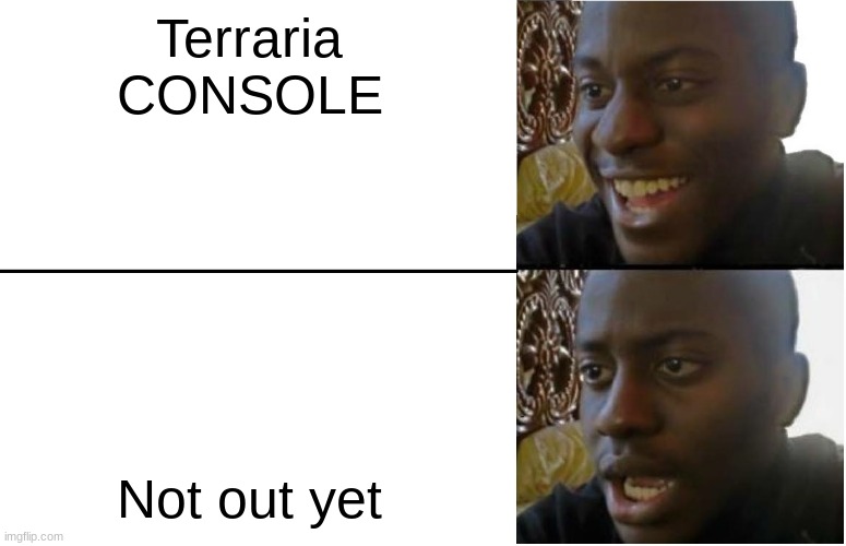 Lame meme | Terraria CONSOLE; Not out yet | image tagged in disappointed black guy | made w/ Imgflip meme maker