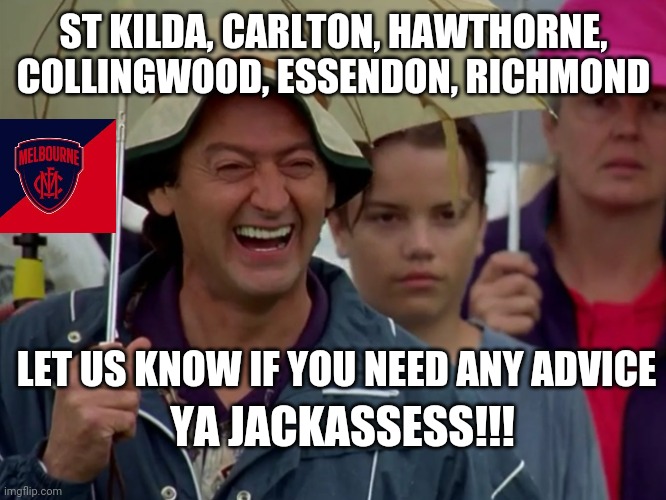 Golf Course Heckler | ST KILDA, CARLTON, HAWTHORNE, COLLINGWOOD, ESSENDON, RICHMOND; LET US KNOW IF YOU NEED ANY ADVICE; YA JACKASSESS!!! | image tagged in golf course heckler | made w/ Imgflip meme maker