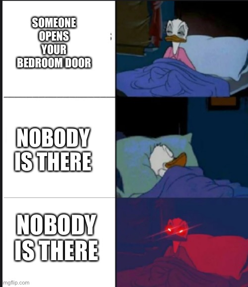 I’m calling za ghastbusters | SOMEONE OPENS YOUR BEDROOM DOOR; NOBODY IS THERE; NOBODY IS THERE | image tagged in donald duck awake,ghosts,night,bedroom,why are you reading this,memes | made w/ Imgflip meme maker