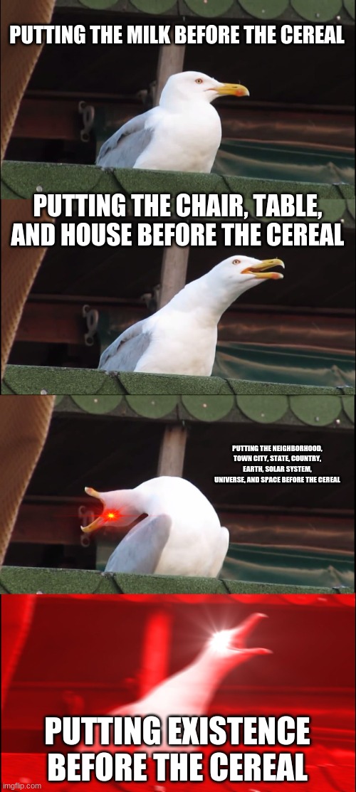 Cereal | PUTTING THE MILK BEFORE THE CEREAL; PUTTING THE CHAIR, TABLE, AND HOUSE BEFORE THE CEREAL; PUTTING THE NEIGHBORHOOD, TOWN CITY, STATE, COUNTRY, EARTH, SOLAR SYSTEM, UNIVERSE, AND SPACE BEFORE THE CEREAL; PUTTING EXISTENCE BEFORE THE CEREAL | image tagged in memes,inhaling seagull | made w/ Imgflip meme maker