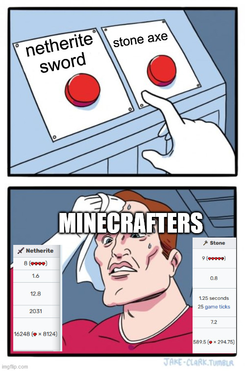 wth mojang | stone axe; netherite sword; MINECRAFTERS | image tagged in memes,two buttons | made w/ Imgflip meme maker
