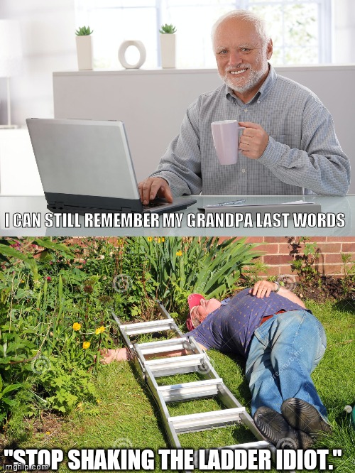 Totally an idiot | I CAN STILL REMEMBER MY GRANDPA LAST WORDS; "STOP SHAKING THE LADDER IDIOT." | image tagged in memes,funny,hide the pain harold,oh wow are you actually reading these tags,funny memes,stop reading the tags | made w/ Imgflip meme maker