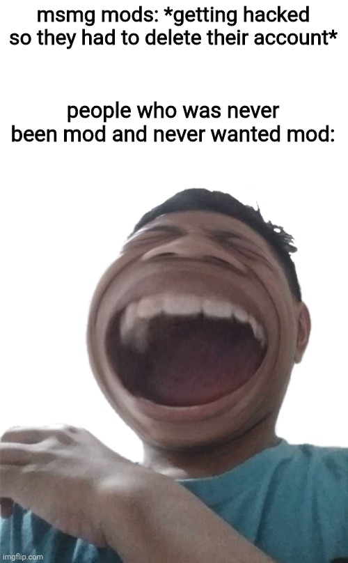Ha | msmg mods: *getting hacked so they had to delete their account*; people who was never been mod and never wanted mod: | image tagged in ha | made w/ Imgflip meme maker