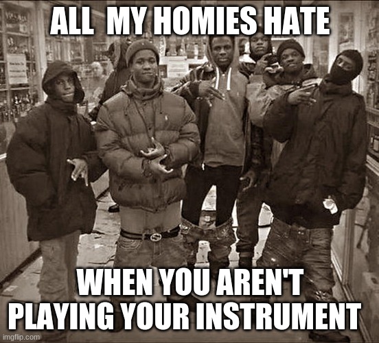 haha my band teacher loved it | ALL  MY HOMIES HATE; WHEN YOU AREN'T PLAYING YOUR INSTRUMENT | image tagged in all my homies hate,band | made w/ Imgflip meme maker