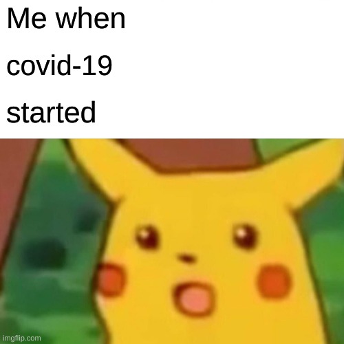 Surprised Pikachu | Me when; covid-19; started | image tagged in memes,surprised pikachu | made w/ Imgflip meme maker