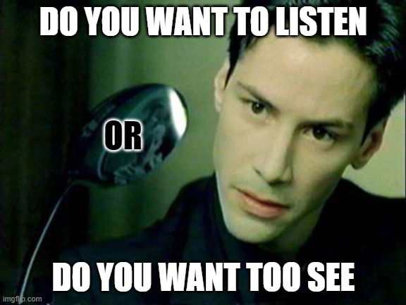 Neo Spoon | DO YOU WANT TO LISTEN; OR; DO YOU WANT TOO SEE | image tagged in neo spoon | made w/ Imgflip meme maker