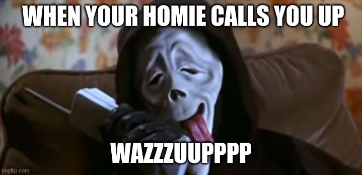 Ghostface Scary Movie | WHEN YOUR HOMIE CALLS YOU UP; WAZZZUUPPPP | image tagged in ghostface scary movie,ghost,mike wazowski trying to explain | made w/ Imgflip meme maker